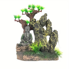 Aquarium Buddha Mountain Resin Ornament with Tree & Grass Decorations