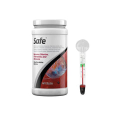 Seachem Safe Water Conditioner – Removes Chlorine, Chloramine & Ammonia | Detoxifies Nitrite & Nitrate - 250g Aquarium Treatment with FREE Short Glass Thermometer