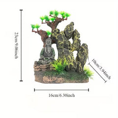 Aquarium Buddha Mountain Resin Ornament with Tree & Grass Decorations