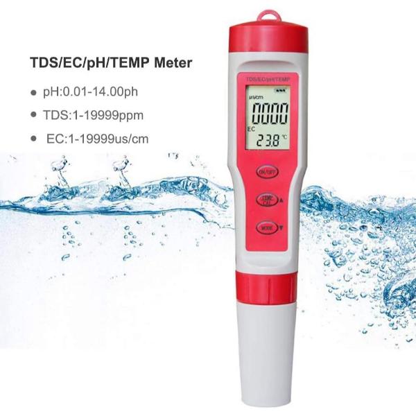 PH Meter PH/TDS/EC/Temp 4-in-1 Test Pen Red