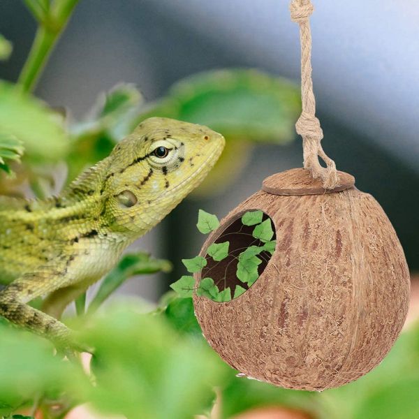 Leopard Gecko Coconut Husk Hut Reptile Habitat Accessories Hideout Hole Hanging Apply to Amphibians and Small Animals