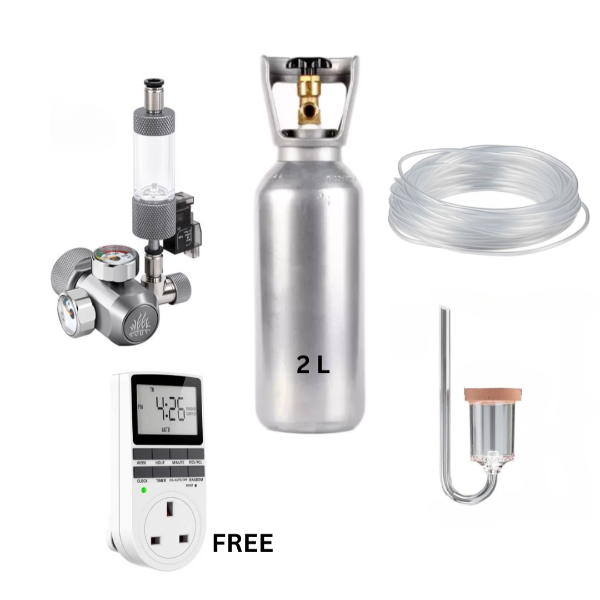 Aquarium CO2 2L G5/8 Gas CO2 Steel Cylinder, New Design Week Aqua Co2 Regulator, Co2 Hose 2 Meter, Aquapro Acrylic Nano Diffuser with Bubble Counter, Digital Electrical Programmable Timer FREE - COMBO Set