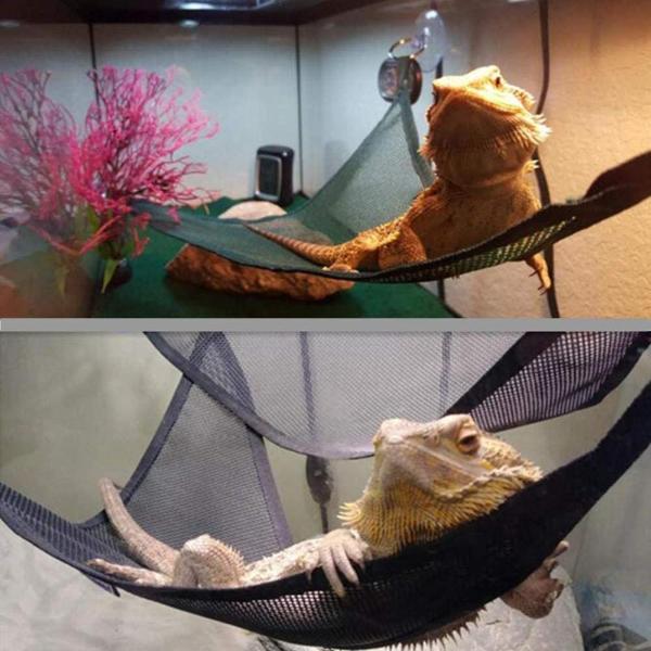 Reptile Hammock Lounger Resting Hanging Mesh Net & Ladder Accessories Set for Bearded Dragons Anole Geckos Lizards (Triangle, 48 x 38 x 38 CM, 2 Pack)