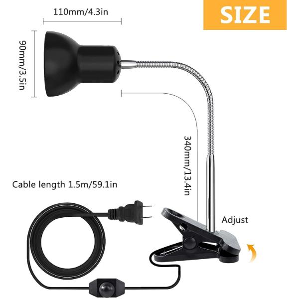 Reptile Heat Lamp, Clamp Lamp for Aquarium Adjustable Holder and Temperature with 360°Rotatable Clip for Turtle Snake Aquarium