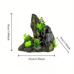 Aquarium Buddha Mountain Resin Ornament with Tree & Grass Decorations