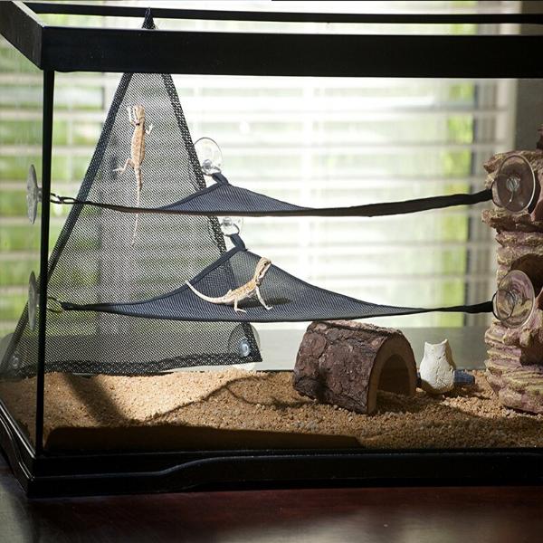 Reptile Hammock Lounger Resting Hanging Mesh Net & Ladder Accessories Set for Bearded Dragons Anole Geckos Lizards (Triangle, 48 x 38 x 38 CM, 2 Pack)