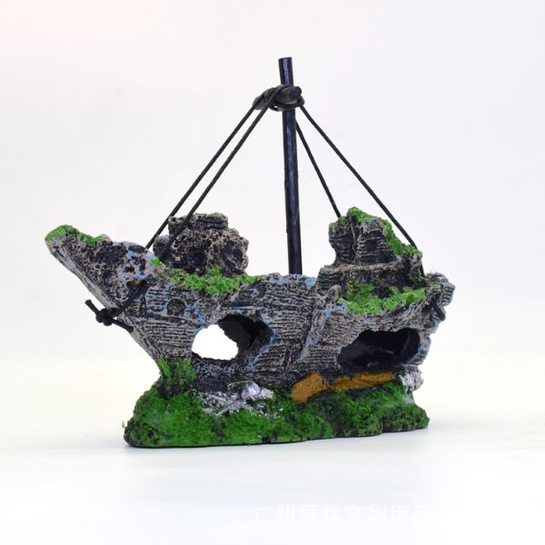 Resin Fishing Boat Aquarium Ornament