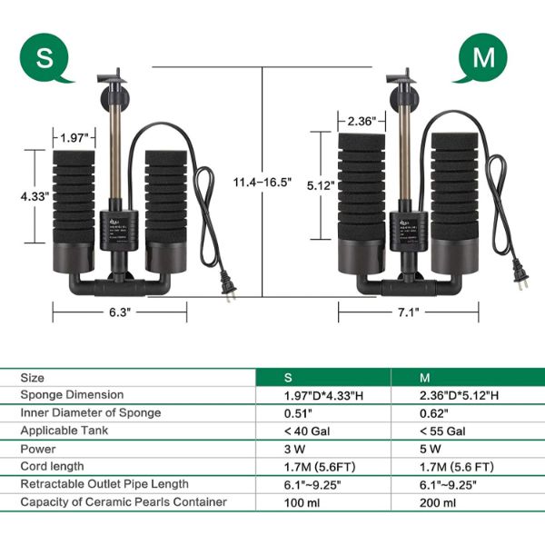 AQQA Aquarium Electric Power Sponge Filter 3W(S) and 5W(M)